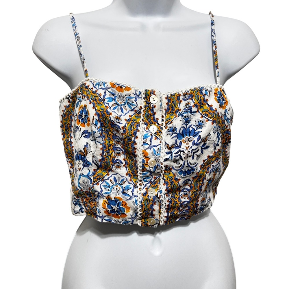 dRA Womens Boho Cottage Romantic Smockked Crop Top M Blue Paisley Euro Summer